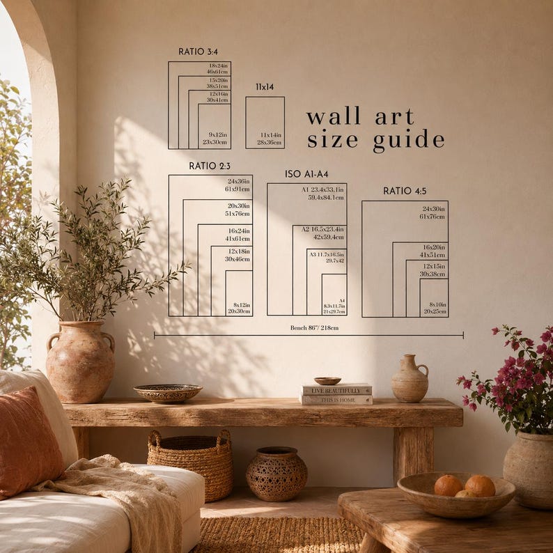 May include: A wall art size guide printed on a wall, displaying various aspect ratios including 3:4, 11x14, 2:3, ISO A1-A4, and 4:5 with corresponding dimensions in inches and centimeters. The text wall art size guide is clearly visible.