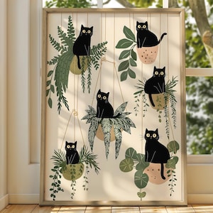 Silly Cat wall art poster print hanging around in Indoor pots Cat Printed Poster Unique Wall Art Quirky cat home decor pot plant decor