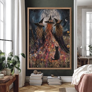 Witch Art: Witches coven under the moon art print, Mystical Witchy Home Decor