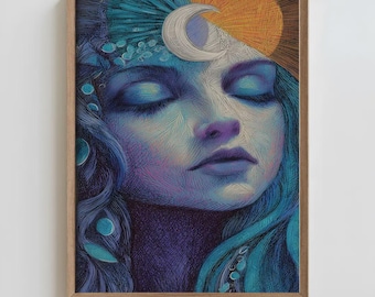 Impressão de arte da deusa: arte de parede espiritual feminina celestial boho