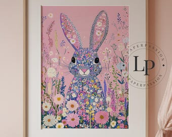 Bloomcore Bunny Rabbit Art Print: Pastel Floral Nursery Decor
