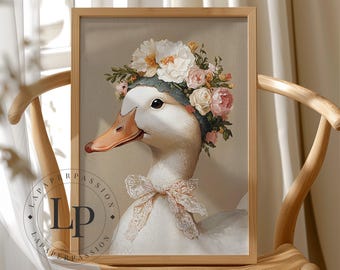Floral Duck Painting Print: Vintage Cottagecore Farmhouse Wall Art