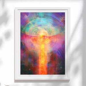 May include: Abstract art print in a white frame. The artwork features a vibrant, colourful design with a central vertical beam of yellow and orange light. The background blends shades of purple, blue, and green, with circular and linear patterns.