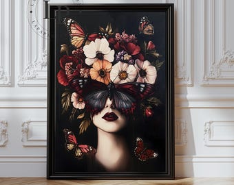 Dark Academia Gothic Portrait – Moody Botanical Woman with Moth Floral Art Print