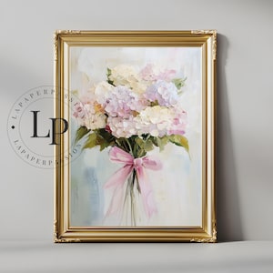 Floral Art Hydrangea Floral Bouquet Oil Print Wall Art – Pastel Botanical Painting, Preppy Artwork for Home Living and Girl&#39;s Nursery Decor