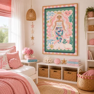 Cute pastel mermaid wall art featuring dolphins, sparkling stars, coral, shells and botanical details on a blush pink background.