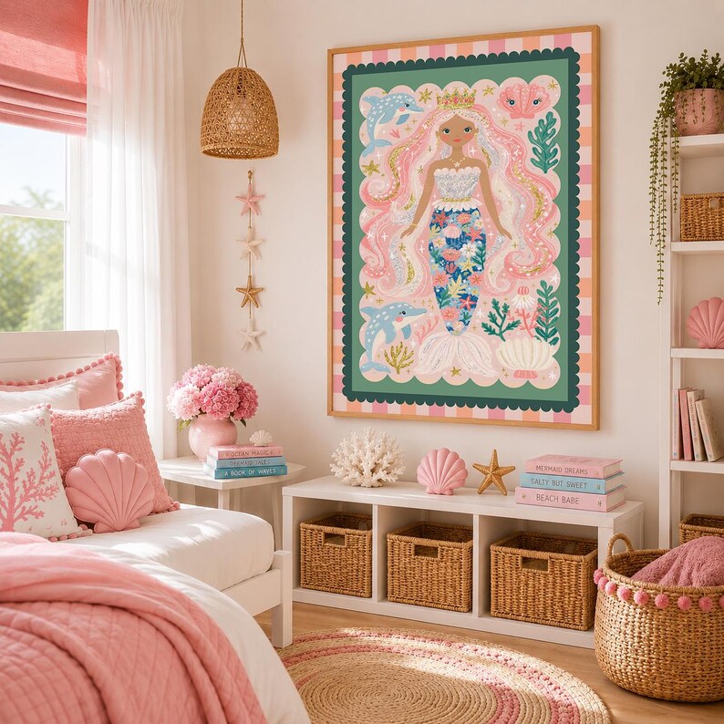 Cute pastel mermaid wall art featuring dolphins, sparkling stars, coral, shells and botanical details on a blush pink background.