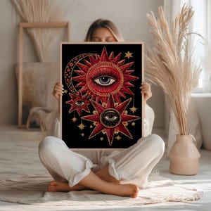 Wall Art Mystical Eyes, Esoteric Celestial Decor, Cosmic Star and Moon Decor, Witchy Art, Red Third Eye Spiritual Poster, Occult Artwork