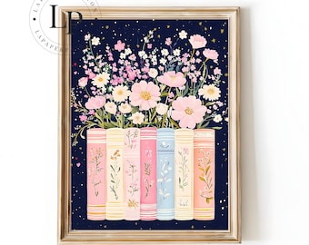 Book Lover Wall Art, Booknook Watercolor Wildflower Print, Bloomcore Stack of Books Poster, Trendy Wall Art for Readers, Bookish Girls Decor
