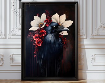 Dark Academia Raven Art Print: Gothic Floral Crow Wall Decor