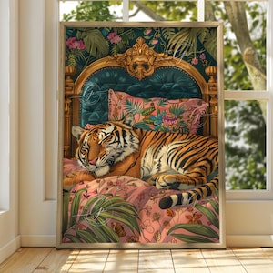 Stampa artistica di tigre massimalista: decorazione da parete per camera da letto contemporanea