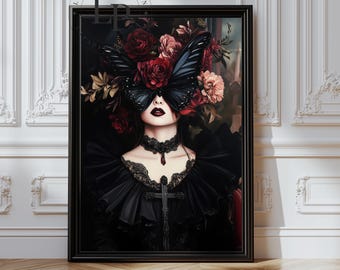 Stampa con ritratto floreale in stile Dark Academia: Donna farfalla gotica - Decorazione per la casa