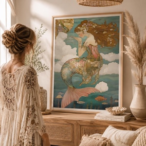 Elegant mermaid illustration with long flowing hair, adorned in floral accessories