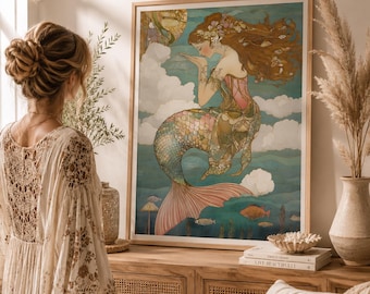 Meerjungfrauen-Wandbild im Jugendstil, Boho-Strandhaus-Küstenstil, Illustration einer Meeresgöttin