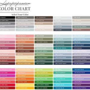 May include: Color chart with a variety of color swatches, including shades of gray, pink, green, and blue. The chart is labeled "COLOR CHART" and includes color names and codes. The brand name "Lapaperpassion" is at the top.