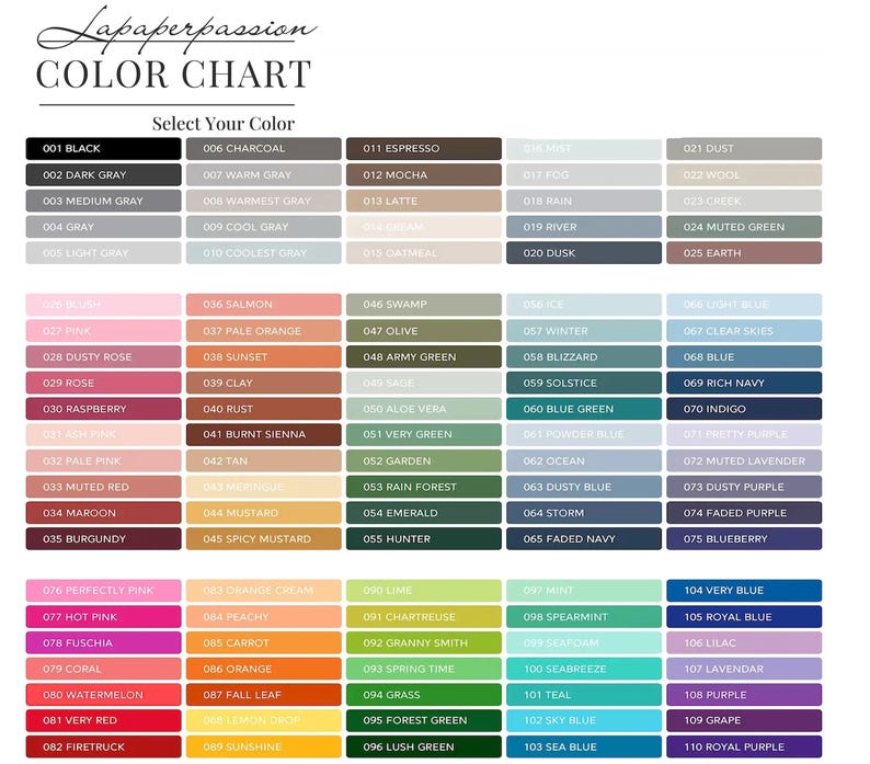 May include: Color chart with a variety of color swatches, including shades of gray, pink, green, and blue. The chart is labeled "COLOR CHART" and includes color names and codes. The brand name "Lapaperpassion" is at the top.