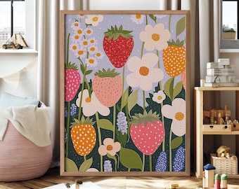 Strawberry Nursery Print: Kids Playroom Poster, Fruit decor