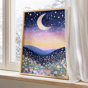 Whimsical floral moonWall Art - Girls Bedroom nursery Decor - celestial moon Print, Art floral prints wildflower bedroom decor