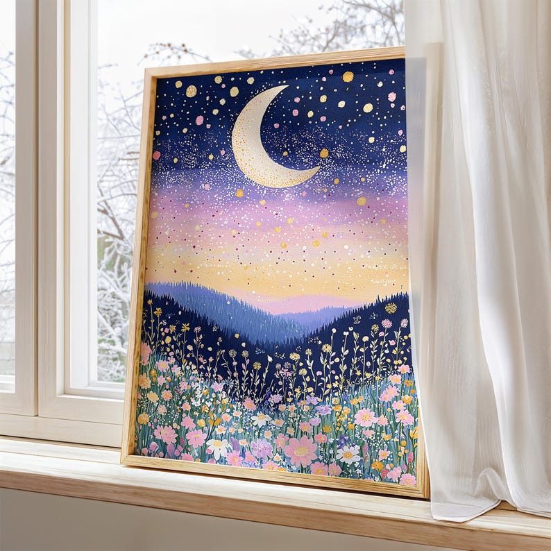 Whimsical floral moonWall Art - Girls Bedroom nursery Decor - celestial moon Print, Art floral prints wildflower bedroom decor
