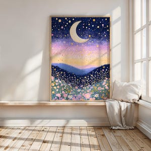 Whimsical floral moonWall Art - Girls Bedroom nursery Decor - celestial moon Print, Art floral prints wildflower bedroom decor
