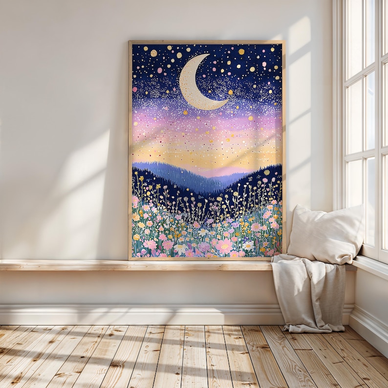 Whimsical floral moonWall Art - Girls Bedroom nursery Decor - celestial moon Print, Art floral prints wildflower bedroom decor