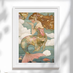 Mermaid Art Print – Fantasy Ocean Art, Pastel Mermaid Illustration, Whimsical Sea Goddess Decor, Mythical Coastal Wall Art
