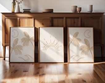 Neutral Boho Palm Tree Prints: Coastal Living Room Wall Art, Beach House Decor