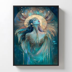 May include: Framed art print depicting a celestial figure with flowing blue hair and teal robes. The artwork features a golden halo and accents, with a serene expression. The background is a deep blue with gold highlights, creating a mystical atmosphere.