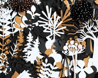 150 paper CUTOUTS, foliage, leaves, flowers, trees, branches, black, white and kraft creative supplies, scrapbooking, die cut