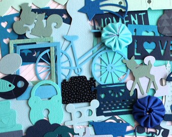 150 DECOUPES papier, bleu, turquoise, fourniture créative, embellissements pour scrapbooking et carterie, éphémère de scrap, die cut