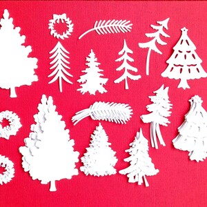 CHRISTMAS - 80 Die-cuts: Fir trees, branches, Christmas wreaths, white cardstock paper. Perfect for making Christmas decorations.