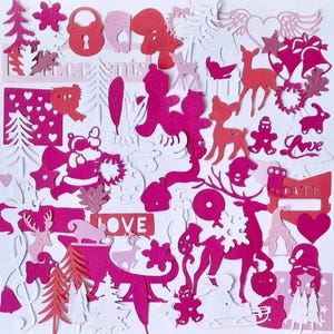 NOEL - 75 Découpes : Assortiment varié comprenant sapins, étoiles, flocons, rennes, bonhommes de neige blanc, rose corail et rose fuschia