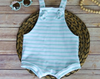 Mint Striped Baby Overalls: Knotted One-Piece Outfit