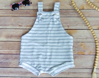 Gray Striped Baby Overalls: Knotted Gender Neutral Dungarees