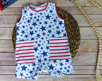9-12 Month Patriotic Baby Romper: Stars & Stripes Tank Jumpsuit