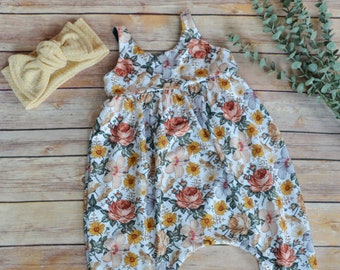 Farmhouse Floral Romper, birthday outfit, toddler play suit, one piece outfit, Napa romper, baby shower gift, girls jumpsuit, vintage floral