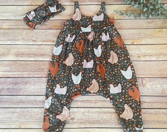 Chicken Floral Baby Romper: Boho one piece  Jumpsuit, birthday outfit, girls jumper