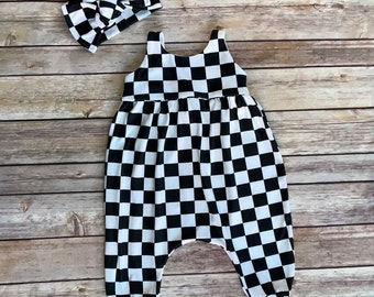 Girls Checker Romper, black & white checkered jumpsuit, one piece outfit, race flag romper, baby romper, biker jumpsuit, checkerboard romper