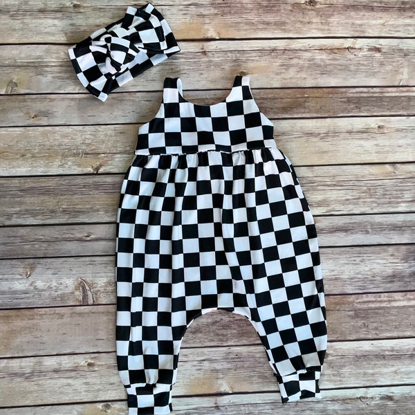 Girls Checker Romper, black & white checkered jumpsuit, one piece outfit, race flag romper, baby romper, biker jumpsuit, checkerboard romper