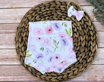Floral Baby Bummies with Headband: Handmade Cotton Lycra Shorties