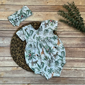 Baby girl safari animal Bubble Romper, one piece outfit, toddler shorts romper, zoo animal bubble romper, first birthday outfit