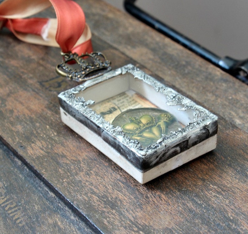 Mixed Media Art Royal Crown Altered Art Altered Matchbox Shadow Box Heart Art Home Decor Decorative Matchbox Miniature Art Mixed Media