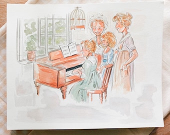 May include: A watercolor painting of four people, three women and one girl, gathered around a vintage piano. The girl is playing the piano while the women sing. The painting is done in soft, muted colors and has a whimsical feel.