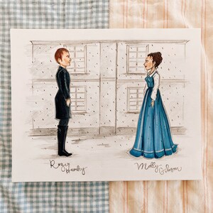 May include: A hand-drawn illustration of two people standing in front of a building. The man is wearing a black suit and the woman is wearing a blue dress. The illustration is in pencil and has a light gray background. The text "Roger Hamley" is written below the man and "Molly Gideon" is written below the woman.