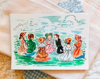 May include: A watercolor painting of seven people sitting in a circle on a grassy field. The people are wearing colorful clothing and hats. The sky is blue with white clouds.