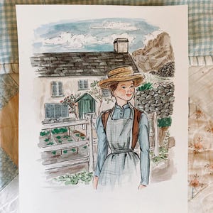 May include: Watercolor illustration of a woman in a straw hat and blue dress standing near a white house with a stone wall and garden. The artwork has a vintage, pastoral theme, with soft colors and a serene atmosphere.