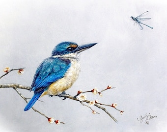 NZ Kingfisher Print • Dragonfly & Kotare Bird Painting • Light Blue Wall Art