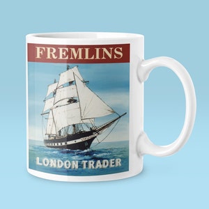 London Trader White glossy mug depicts a merchant ship, merchant vessel, trading vessel, or merchantman used to transport cargo.