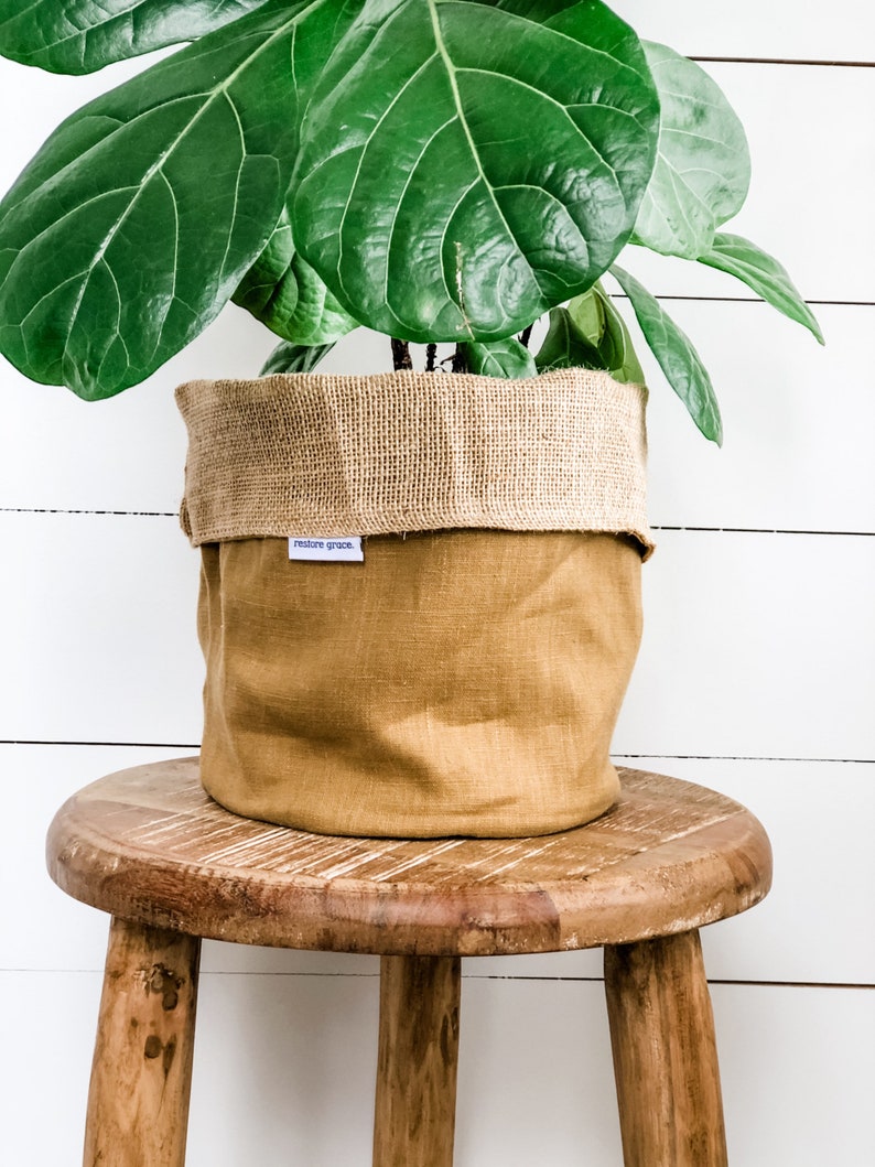 Pot Plant Cover Mustard Linen and Hessian Reversible Etsy