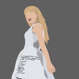 May include: A woman wearing a white dress with black handwritten lyrics on it. The dress is flowing and the woman is standing with her arms at her sides. She is wearing white shoes.